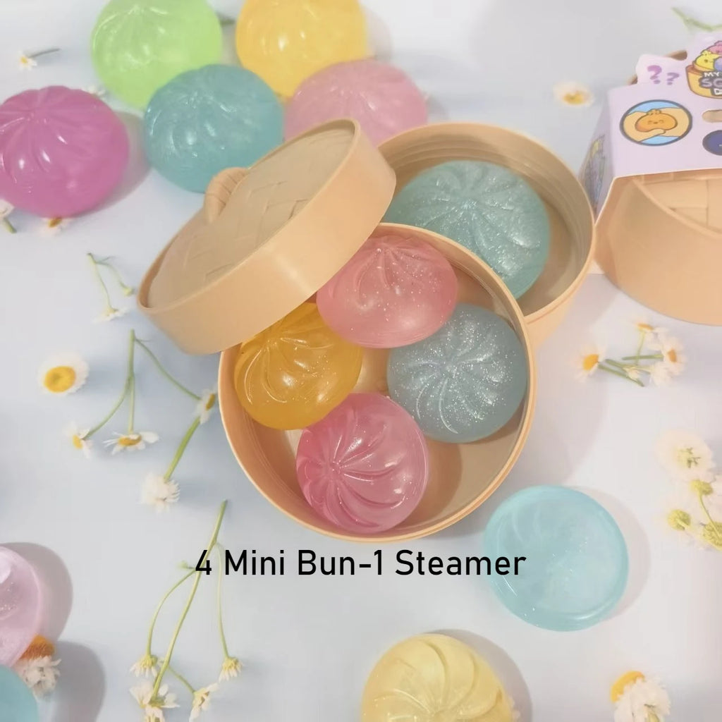 7PC Mini Dumplings with Steamer un Squeezable Toys Set Fidget Sensory Squeeze Ball Simulation Food Bun Kawaii Cute Soft Gift