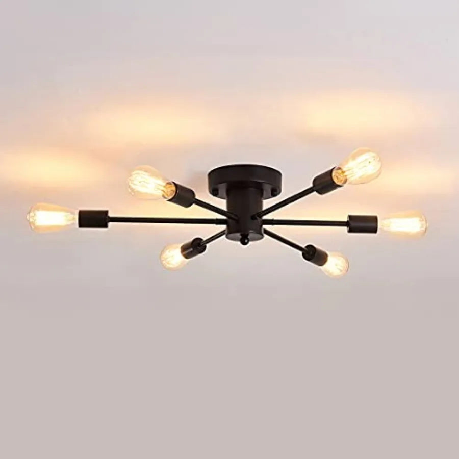 6 Lights Sputnik Semi Flush Mount Ceiling Light Matte Black Modern Edison Chandelier Industrial Close to Ceiling Light for Farm