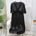 Women's 100% Mulberry Silk Nightdress Antibacterial Polka Dot Lace V-Neck with Built-in Bra Short Sleeve Loungewear