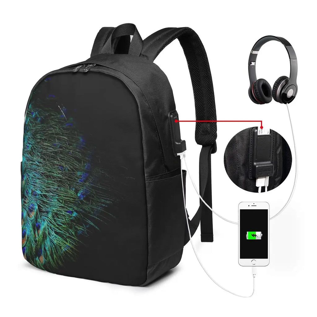 Peacock Feathers On A Black Background Backpack Travel Notebook Bag Computer College Student School Bag Laptop Shoulder Bags