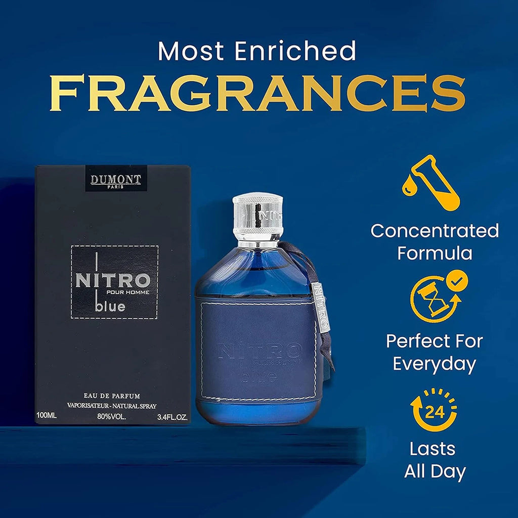 Dumont Nitro Blue 3.4 Oz Eau De Parfum Men – Fresh Aquatic Floral Woody Fragrance - Long