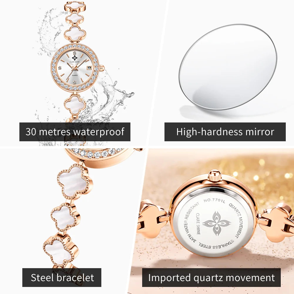 CLARE SHINE 7701 Lucky series small lucky four-leaf clover quartz women's watch with diamond bezel imported movement