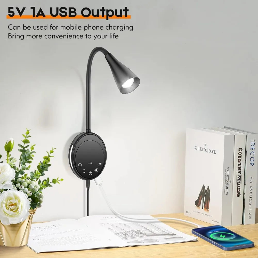 LED Wall Mount Reading Light, Touch Control, Dimmable, USB Output, Night Light & Timers, Flexible Gooseneck Bedside Light
