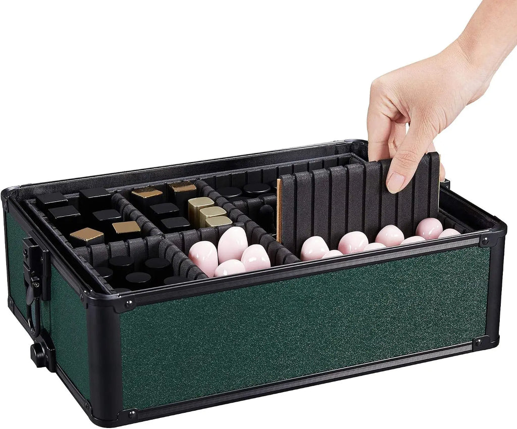 4 In 1 Rolling Makeup Train Case, Lockable Green Cosmetology Cart Aluminum Framed Cosmetic Trolley On Swivel Wheels With Stackable Accordion Trays For Nail Makeup Supplies Storage, Green