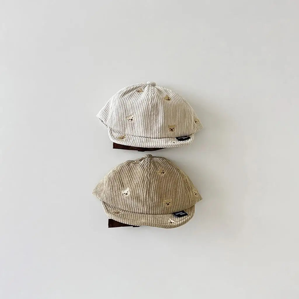 Spring Cotton Corduroy Bear Print Hat Cartoon Cute Baby Baseball Hat Solid Color Duck Tongue Cap Boys Girls Toddler Kids Hat