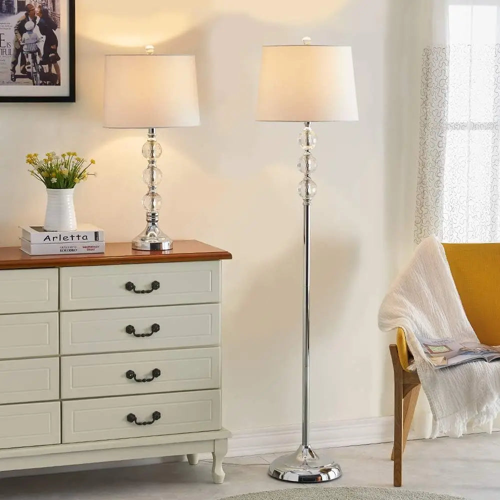 61 Elegant Crystal Standing Lamp for Living Room, 3-Way Dimmable with White Shade, Ideal for Bedroom or Study
