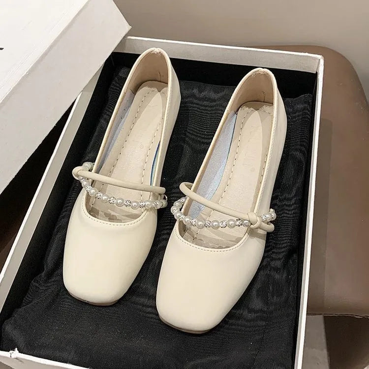 New Elegant French Flat Shoes Pearl Shallow Mouth Soft Leather Ladies Flats Comfortable Anti Slip Low Heel Women's Casual Shoes