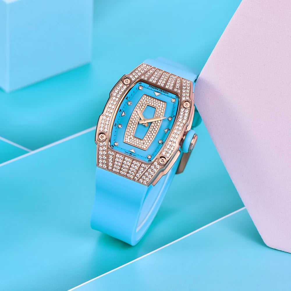 PAGANI DESIGN Top Luxury Diamond encrusted Women's Watch Fashion RubberWaterproof LuminousWine Bucket Case Women'sWatch+Gift Box