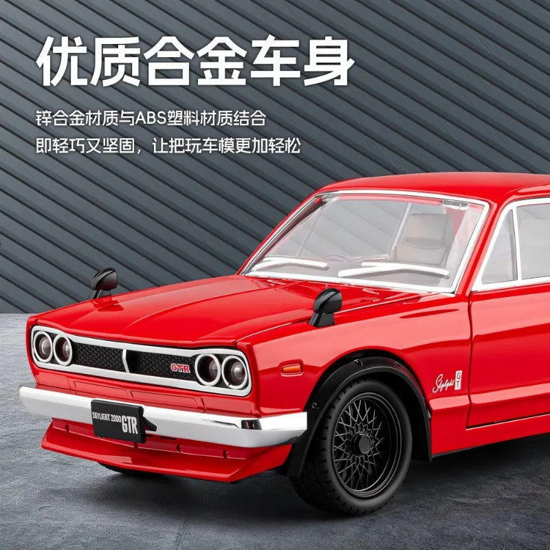 1:22 Nissan Skyline GT-R Hakosuka Diecast Alloy Model 4 Openable Parts Sound Light Pull Back for Car Collectors Hobby Display