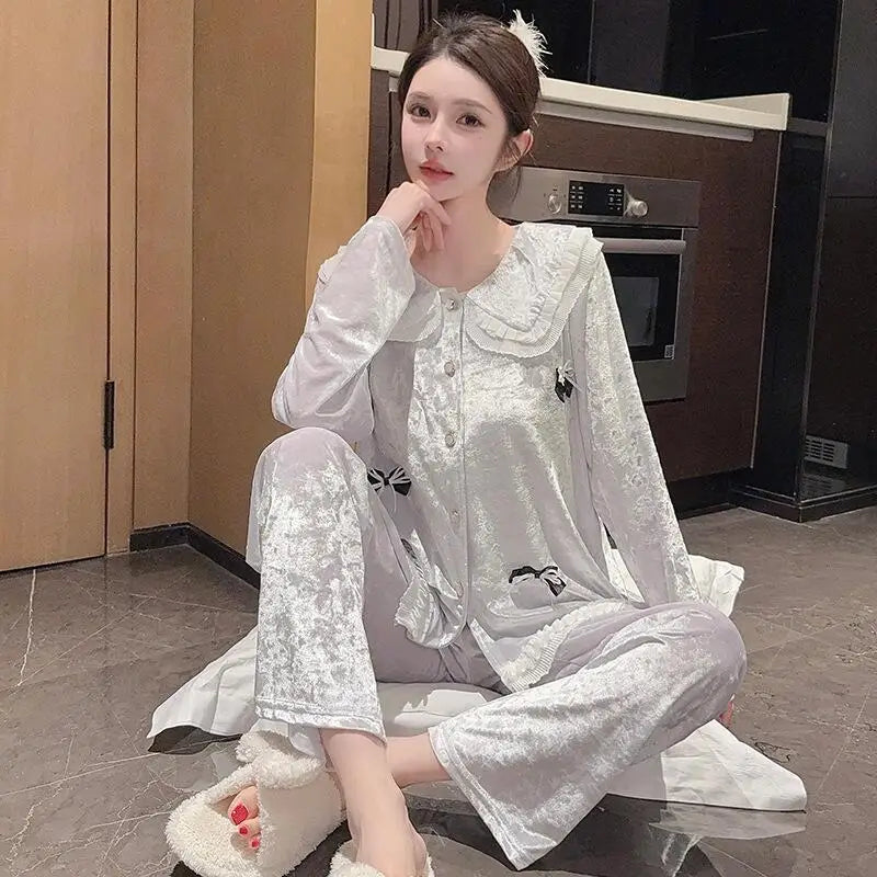 Hot New Women's Skin Friendly Comfortable Pajamas 2025 Cute Doll Collar Autumn Winter Luxury Fashion Home Furnishing Set Gift