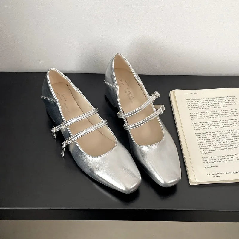 Square Toe Low Heel Women Silvery Mary Jane Shoes Fashion Elegant Belt Buckle Shoes Ladies Comfort Street Style Leather Shoes