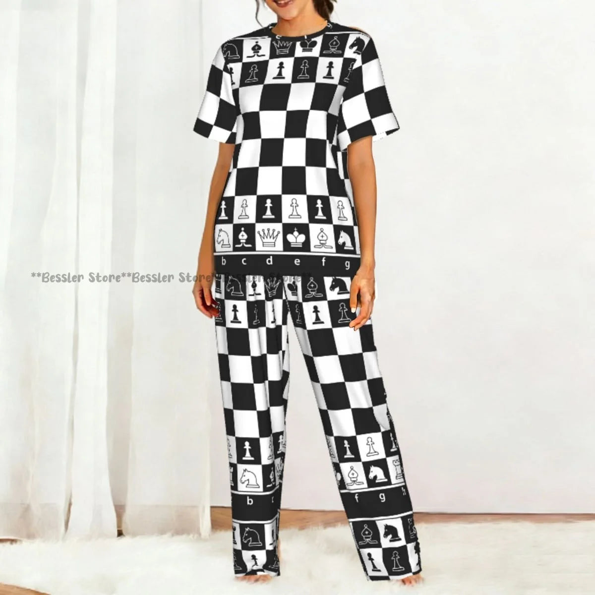 Women's Pajamas Set Black And White Chess Board Short Sleeve Sleepwear 2 Piece Homewear Loungewear