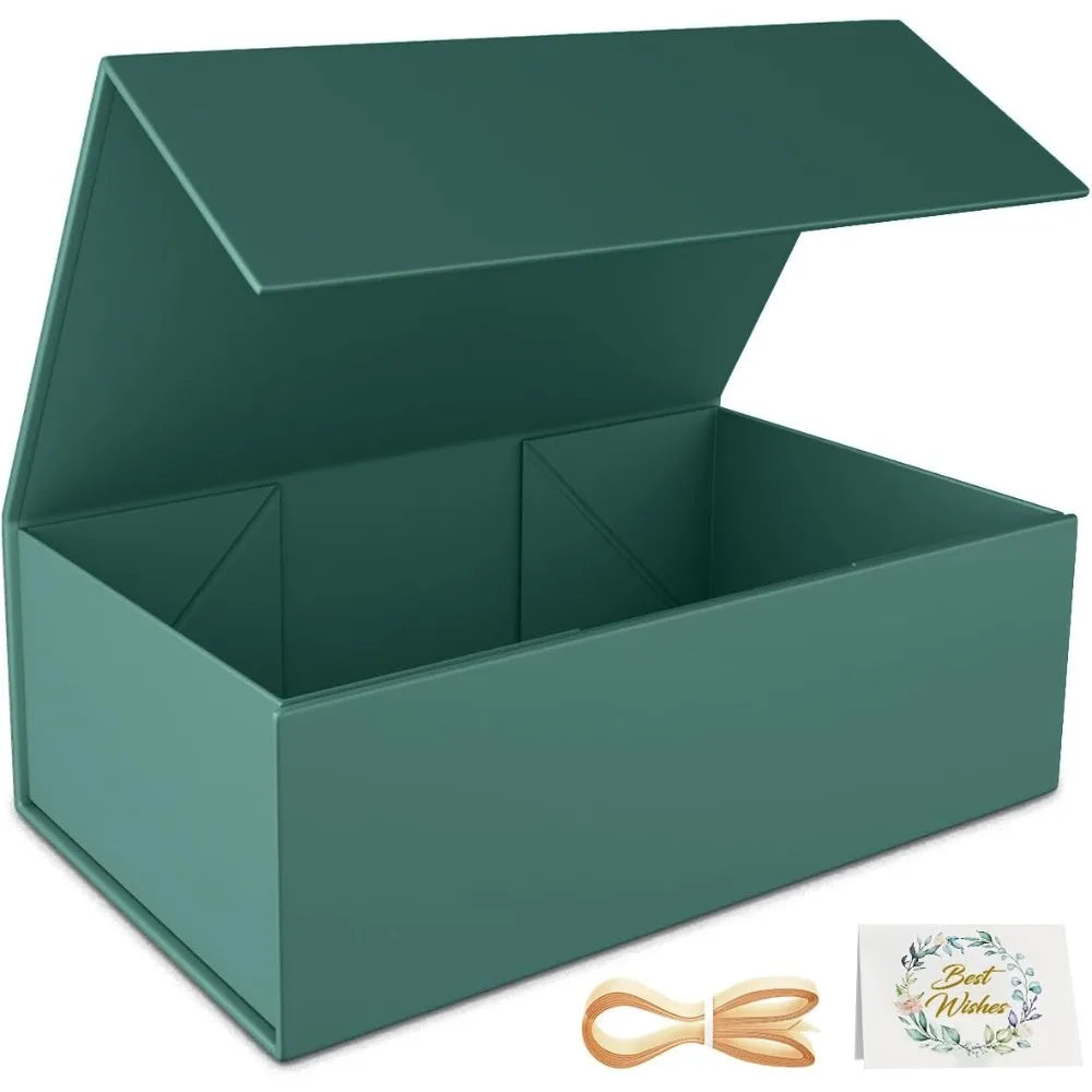 Green Gift Box with Magnetic Closure Collapsible Rectangle Present Box for Bridesmaid Proposal Wedding Christmas Halloween Birthday Gift Packaging 9.5x6x3 Inches