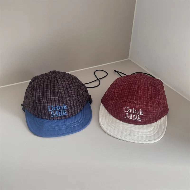 Kids Soft Brim Baseball Cap 49-53cm 2-8 Years Fashion Plaid Embroidery Sun Hat Boys Girls Baby Parent-child Adjustable Casquette
