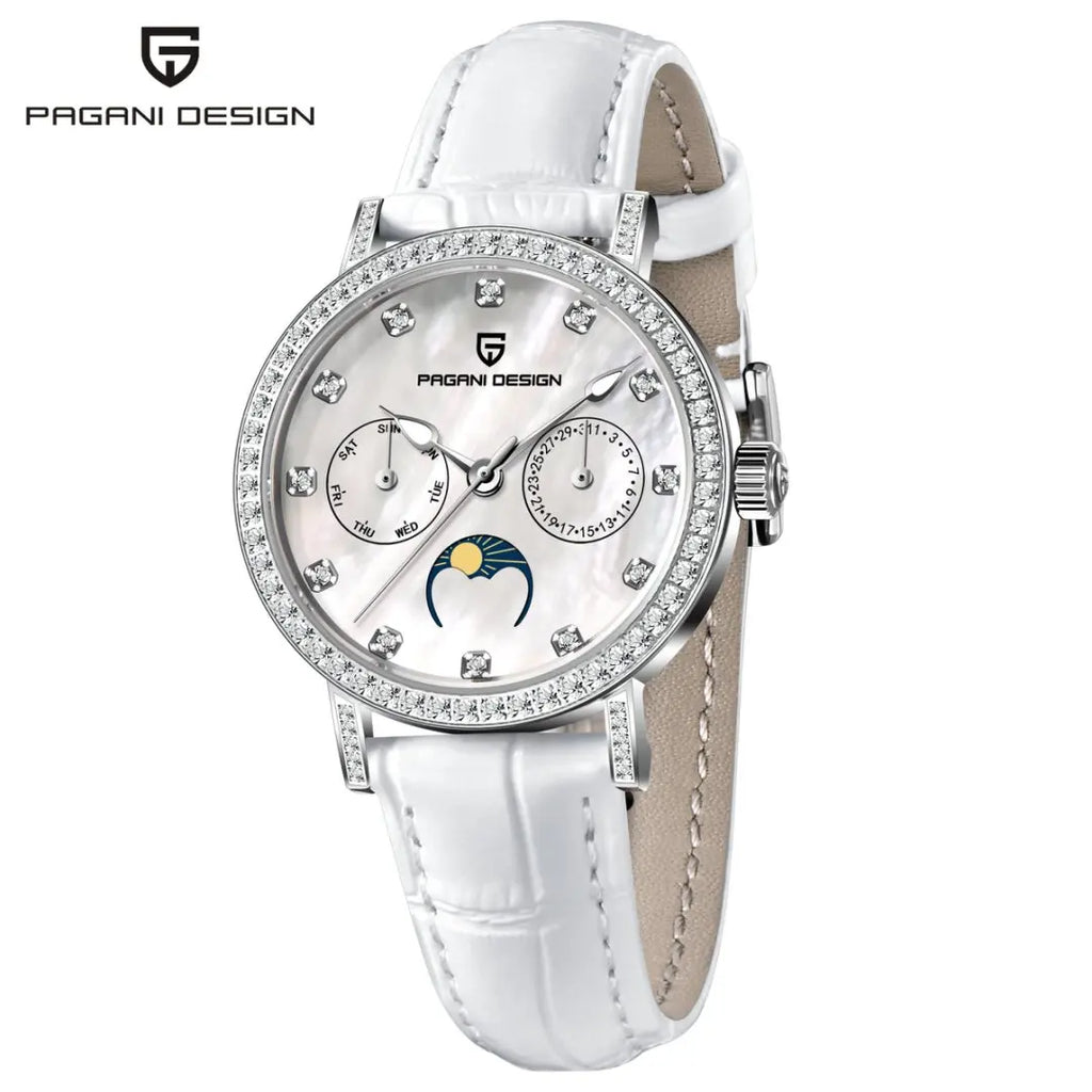 PAGANI DESIGN Women Quartz Watch Mop Dial Diamond Bezel Moon Phase Week Date Multi-function 50M Waterproof White Leather watch