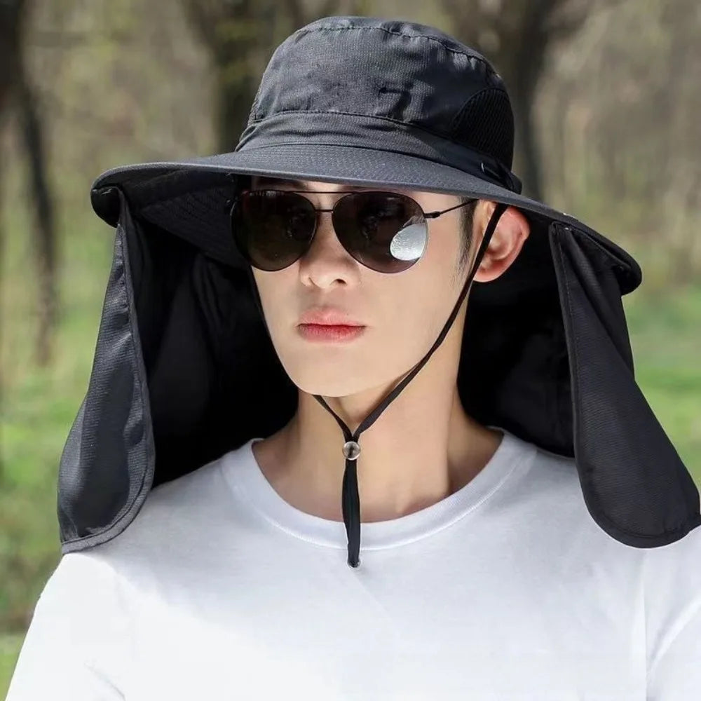 Fashion Cloth Men Sun Hat Big Brim Removable Shawl Women Visor Cap With Lanyard Neck Protection Fisherman Hat Fishing