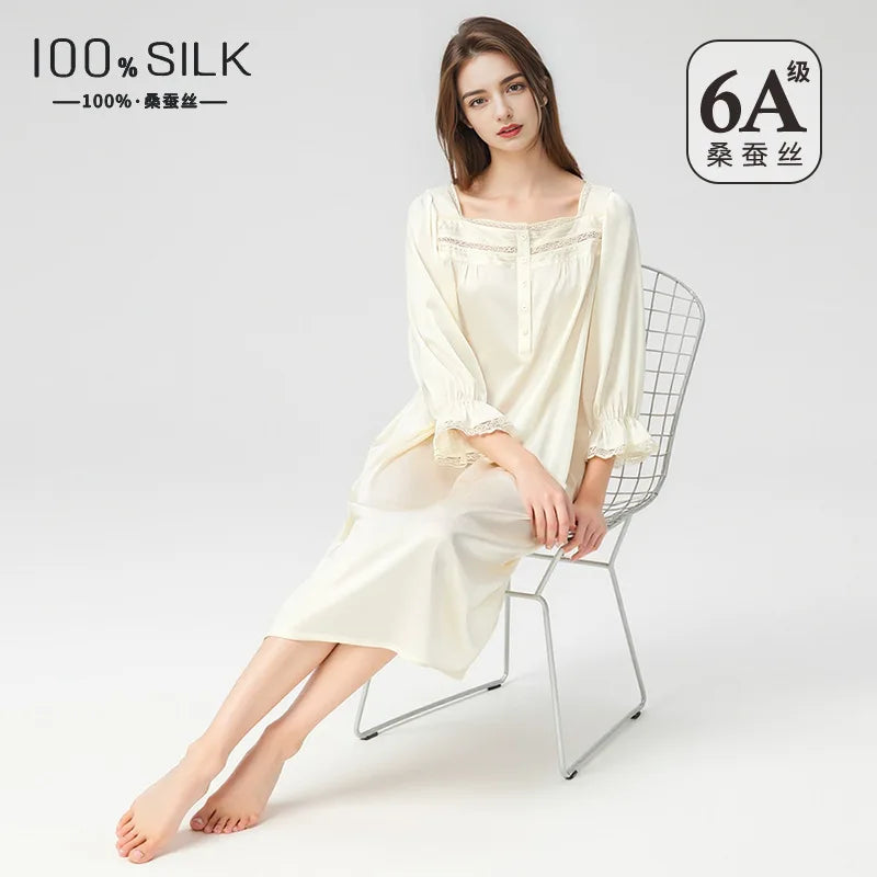 Summer New Women 100% Mulberry Silk Nightgown French Square Neck Puff Sleeve Loose Princess Dress Luxury Home Loungewear