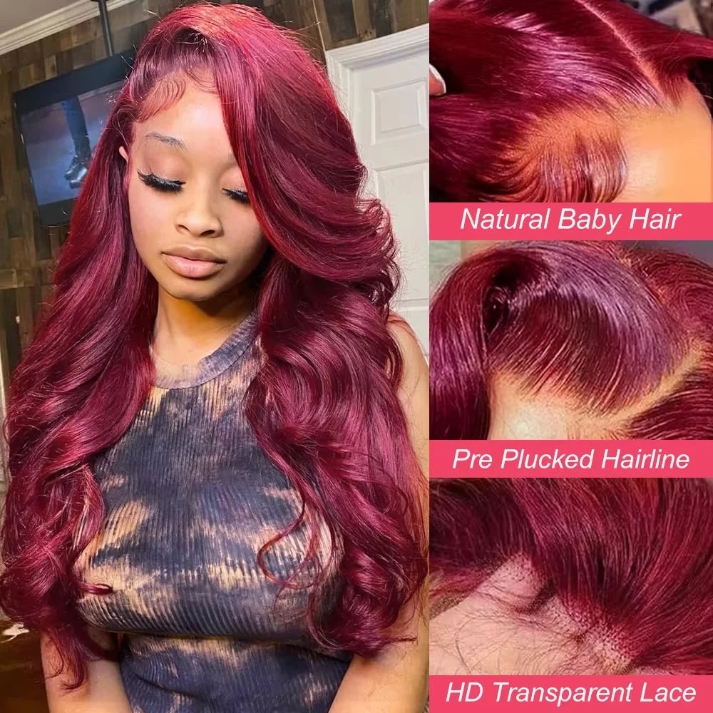 99J Dark Burgundy Colored Body Wave With Bangs Human Hair Wig 13x6 Lace Frontal Wig 13X6 Red Lace Front Human Hair Wigs 13X4 Burgundy 99J Lace Front Wigs Pre Plucked Black Women