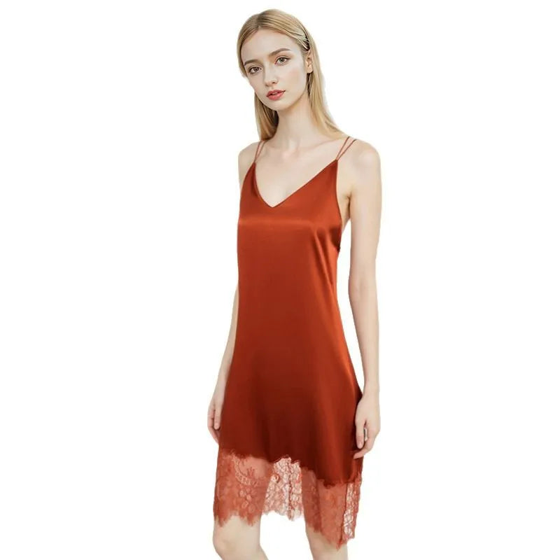 Sexy Ice Silk Slip Dress Women Lace Hollow Out Back Nightgown Sleeveless Mini Sleepwear Smooth Casual Lingerie Homewear