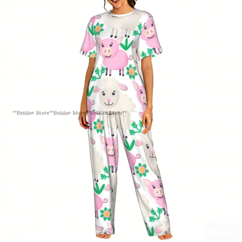 Women Pajama Sets Lounge Sleepwear Cartoon Pig Pink Background Short Sleeve Nightwear