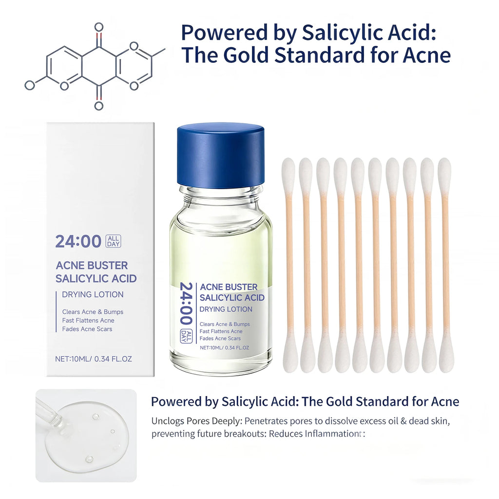 Salicylic Acid Acne Drying Lotion Pimple Remover Serum Fade Marks Shrink Pores Oil Control Face Care with Swabs