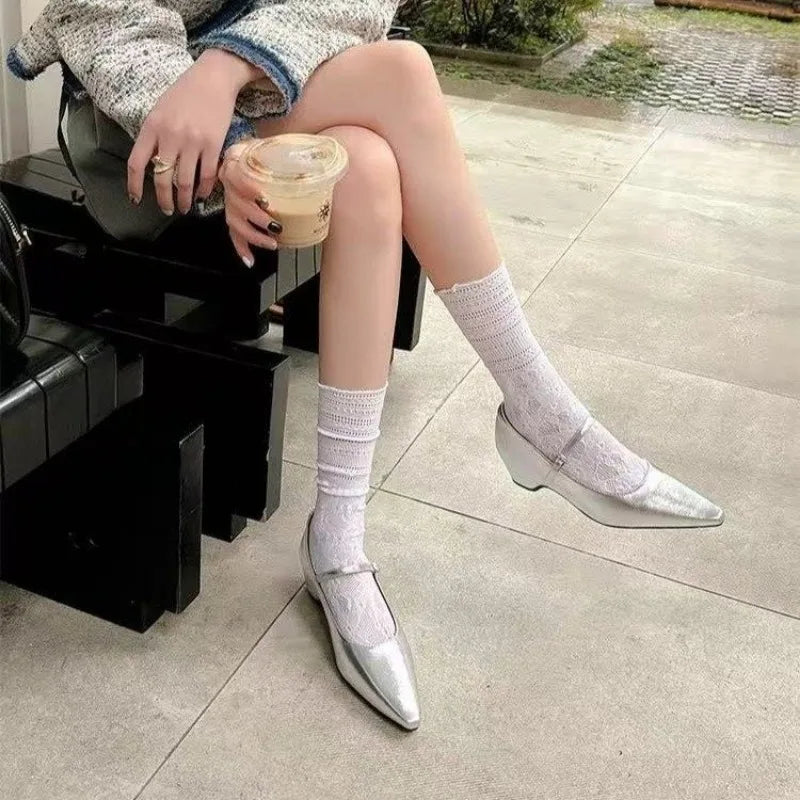 2026 New Arrival Sweet Elegant Shoes Women Wedge Heel Mary Jane Shoes Pointed Toe Women's Shoes Metal Buckle Trim Sandals 5413