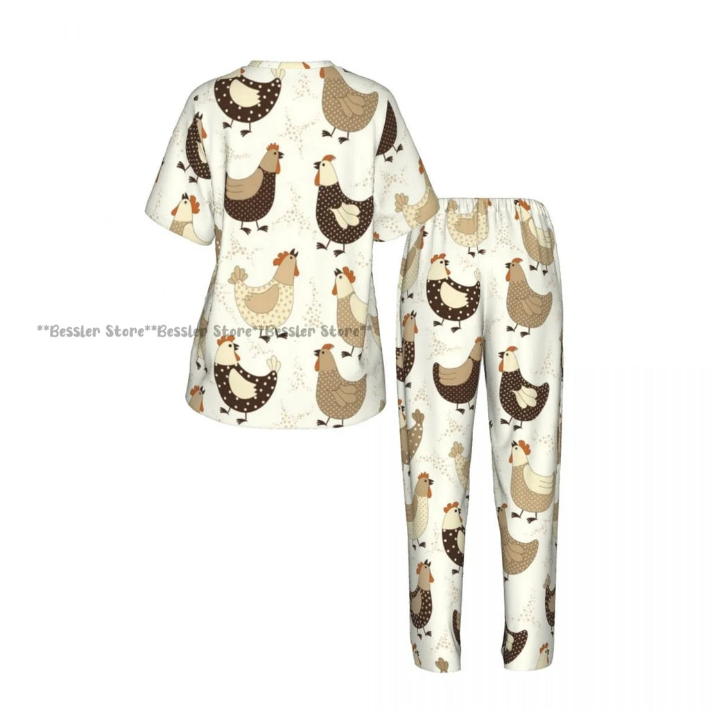 Women's 2-piece set Cartoon Chicken Pattern Pajamas Short sleeved Top and Pants Sleepwear