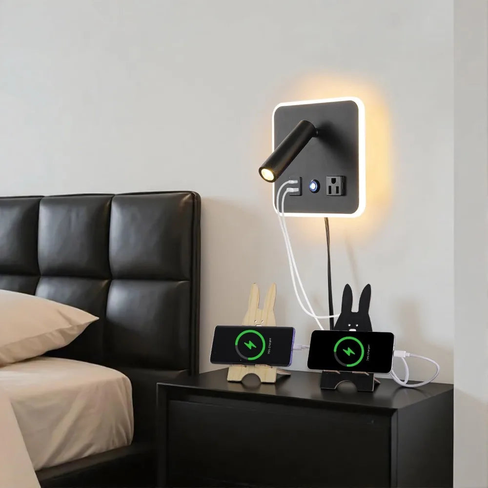 Adjustable Dimmable LED Wall Reading Lamp with Dual USB Ports, 3000K, Black - Ideal for Bedroom and Hotel Use