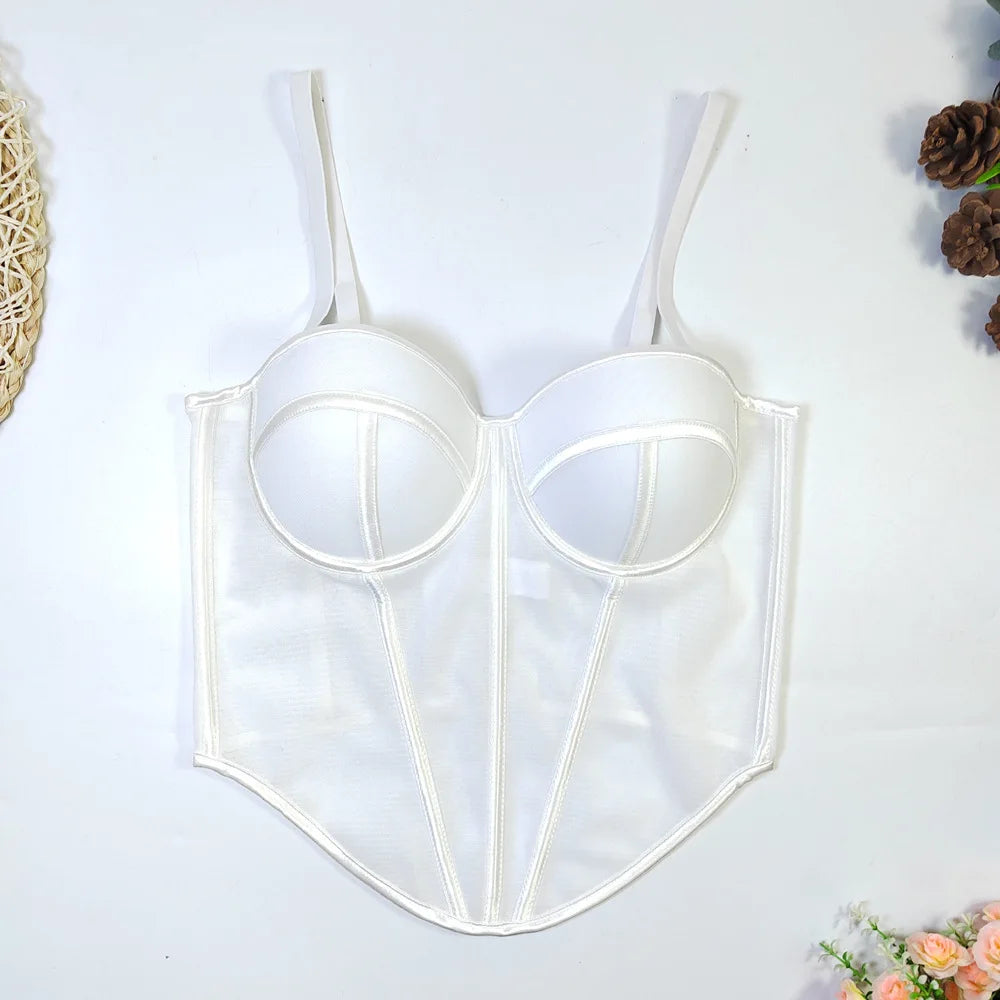 Mesh Transparent Contrasting Lines Women Bustie Sexy Bow Ribbon Ladies Corset Multi Colors Party Blackless Cropped Top Tank Top
