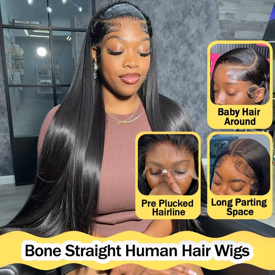Natural Black Bone Straight Human Hair Front Wig 360 13x6 13x4 7x6 HD Lace Brazilian Human Hair Natural Hairline No Shed No Tangle For Women Daily Work Party Wear 38 40 Inch