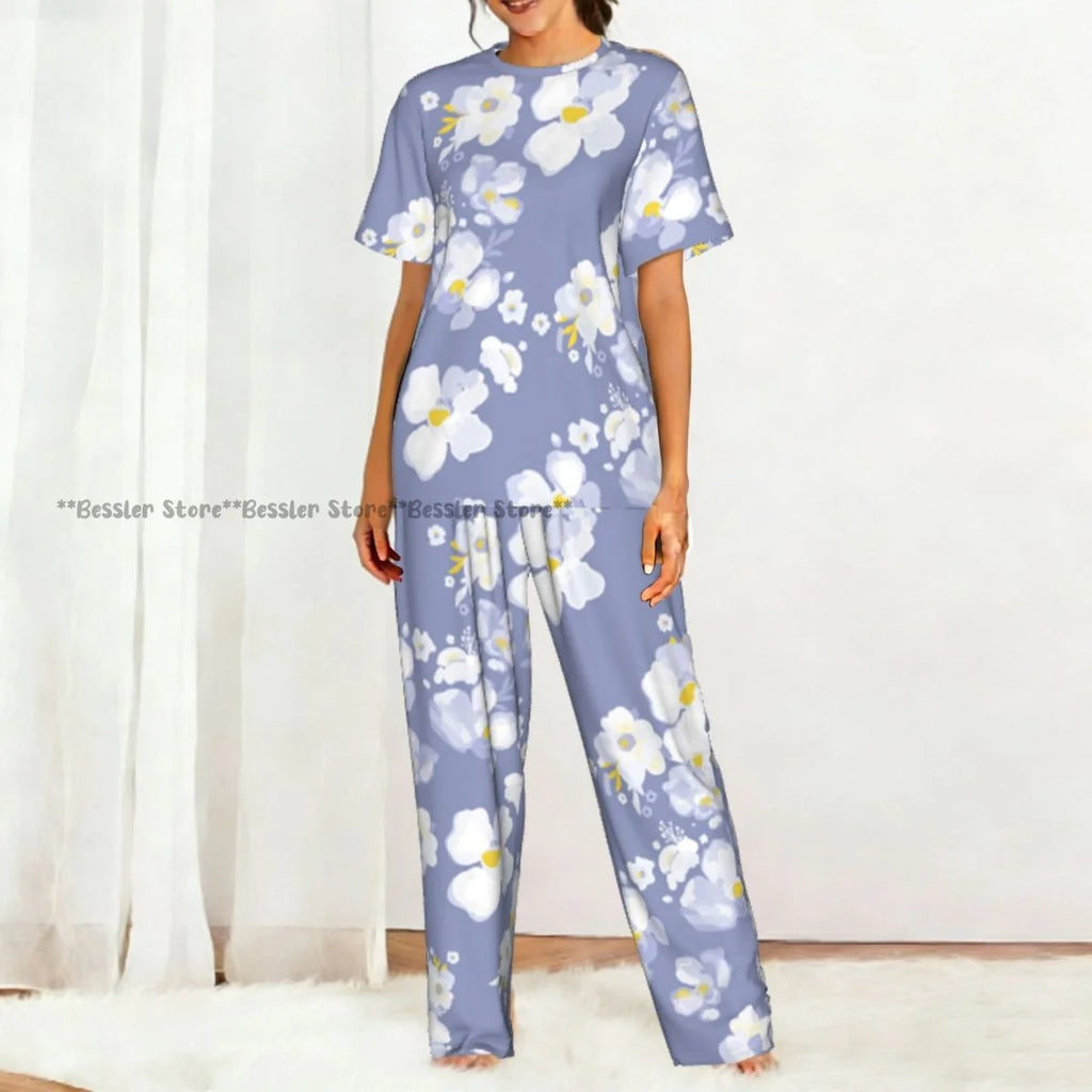 Women's 2-piece set Delicate Daisy Floral Pajamas Short sleeved Top and Pants Sleepwear