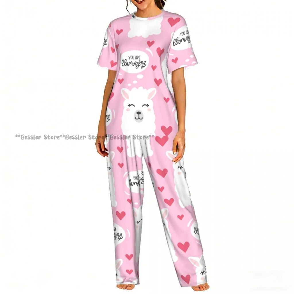 Women Pajama Sets Lounge Sleepwear Fun Llamas Cacti Mountains Garlands Short Sleeve Nightwear