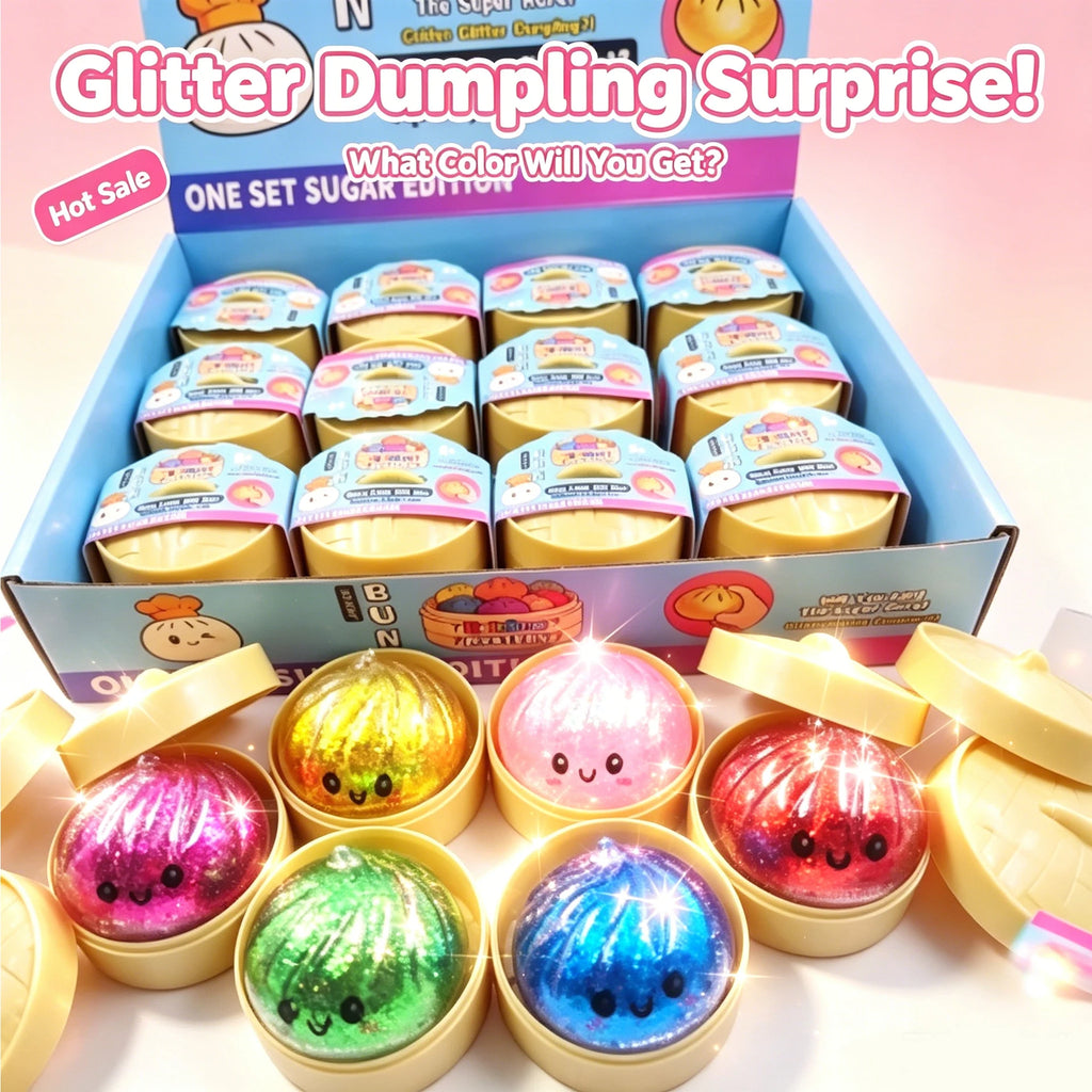 New Glitter Dumpling Squishy Sparkle Bead Steamed Bun Squeeze Toy Stress Relief Sensory Fidget Toy with Box for Adults Office