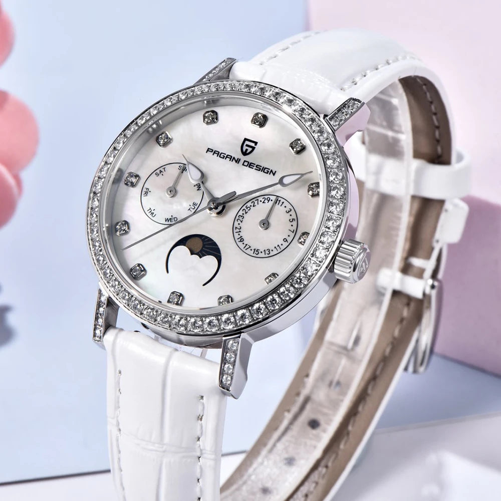 PAGANI DESIGN Women Quartz Watch Mop Dial Diamond Bezel Moon Phase Week Date Multi-function 50M Waterproof White Leather watch
