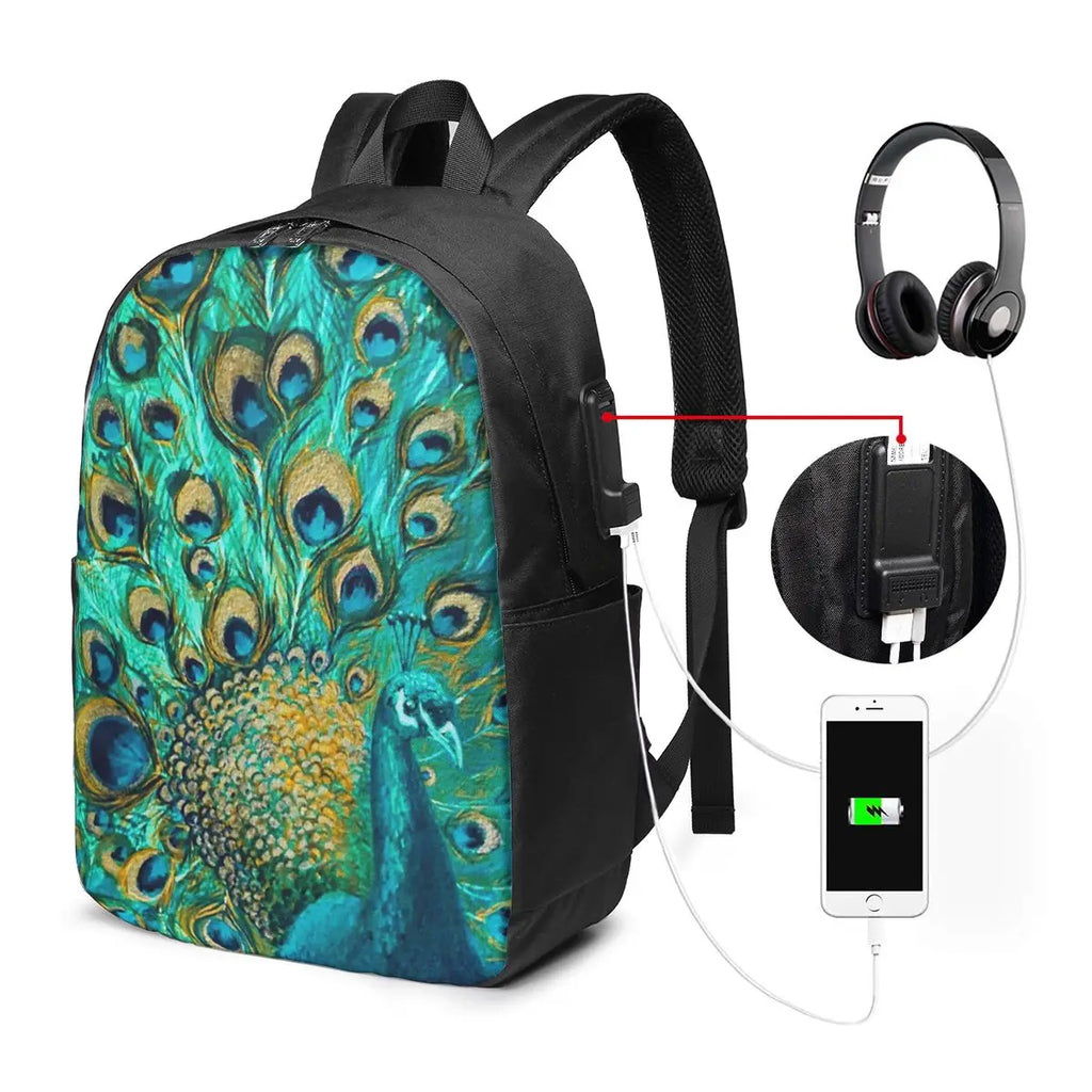 Peacock Feathers On A Black Background Backpack Travel Notebook Bag Computer College Student School Bag Laptop Shoulder Bags