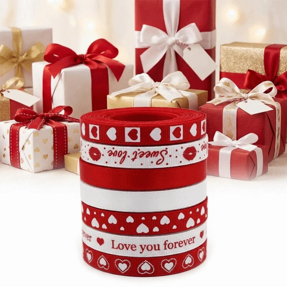 5 Yards Red Love Printed Ribbon Single-Sided Handmade Ribbon Heart Print Ribbon Polyester Gift Wrap Rope Valentine's Day