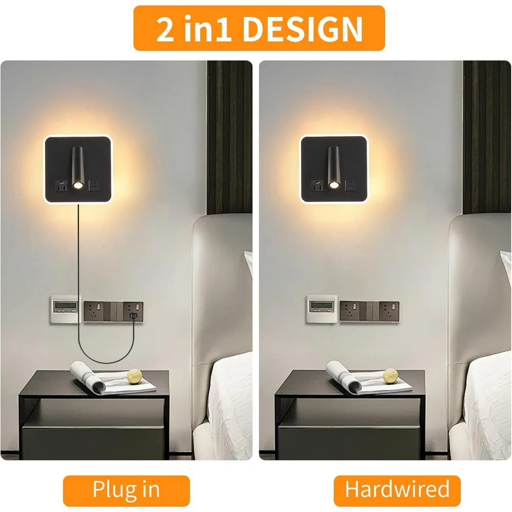 Adjustable Dimmable LED Wall Reading Lamp with Dual USB Ports, 3000K, Black - Ideal for Bedroom and Hotel Use