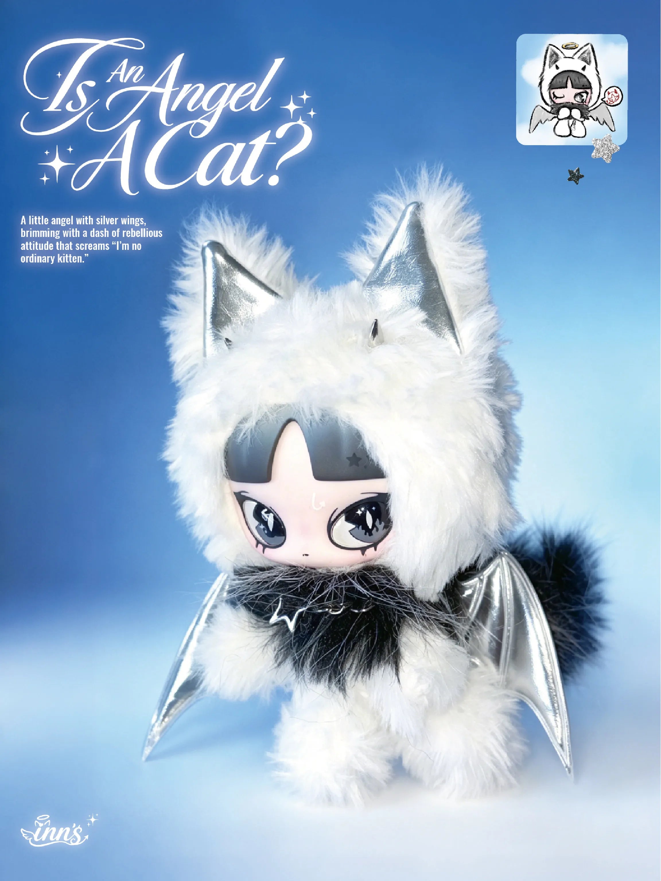 Original Inn'S Is An Angel A Cat Plush Doll Silver Wing Cat Ear Vinyl Face Doll Collectible Toy Pendant Ornament Home Decoration