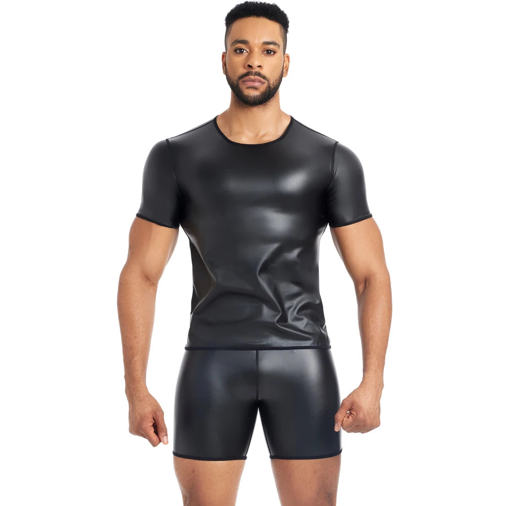 Leather Shirts for Young Men -High-end Short Sleeved Round neck Coat for Men- Motorcycle Style Shaper-Cool Male Trendy Shapewear
