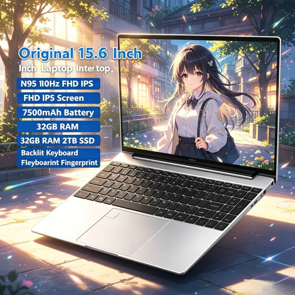 Original 15.6" Laptop Intel N95 120Hz FHD IPS Screen 7500mAh Battery 32GB RAM 2TB SSD Backlit Keyboard Fingerprint Notebook