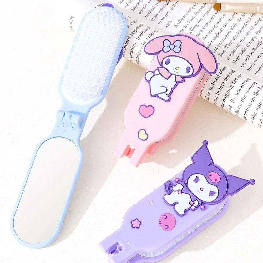 Sanrio Foldable Hair Comb with Mirror Genuine Kawaii Hello Kitty Kuromi My Melody Cinnamoroll Portable Styling Tool for Girls