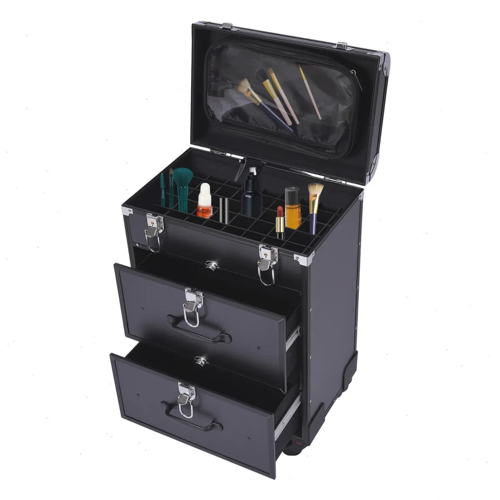 Professional Makeup Train Case, Cosmetic Case for Makeup Artist Nail Salon, Large Capacity Aluminum Alloy Frame with Wheels