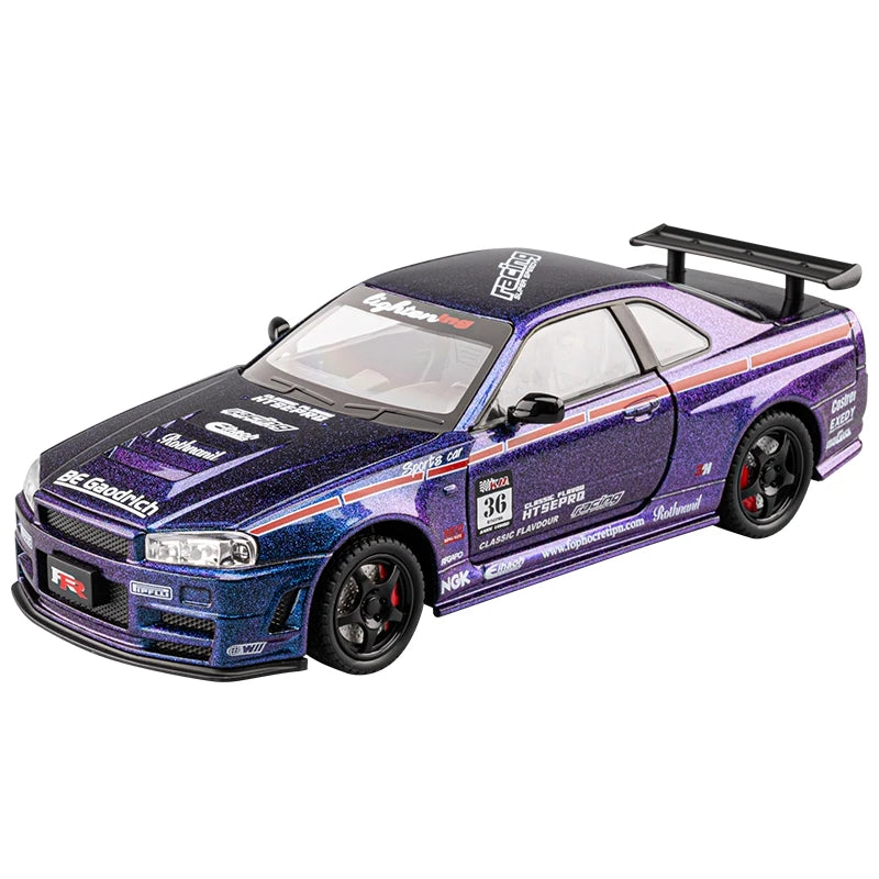 1:24 simulation Nissan GTR-R34 alloy car model doors and engine hood, trunk can be opened rich in details, finely crafted