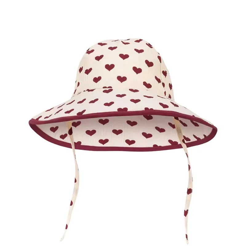 Girls Sun Hat Simple Color Contrast Heart Print Fashionable Fisherman Hat Cute Set Kids Beach Swimwear Bikinis Baby Swimsuits