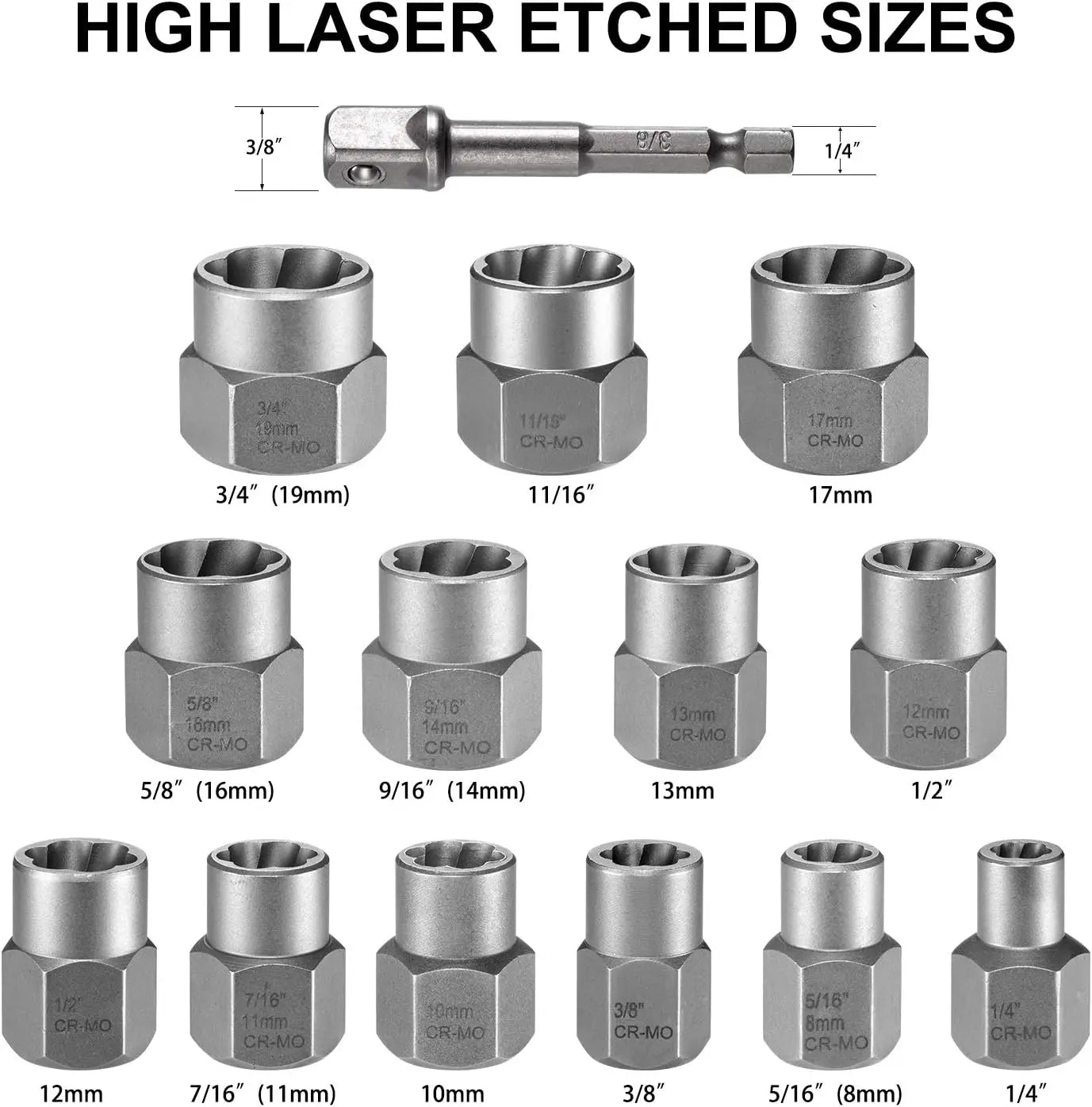 14Pcs Impact Bolt and Nut Extractor Tool Set Damaged Stripped Lug Remover Universal Socket Wrench Kit for Removing Rounded Frozen Fasteners Heavy Duty Hand Tools