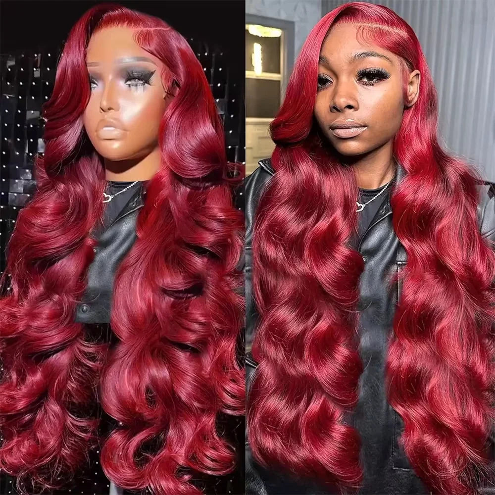 99J Burgundy Red 34 Inch Body Wave Lace Front Wigs 13x4 HD Transparent Human Hair Pre Plucked Dark Burgundy 99J Colored Wig 13x6 Lace  Wigs Pre-Plucked Body Wave Hairstyle For Women