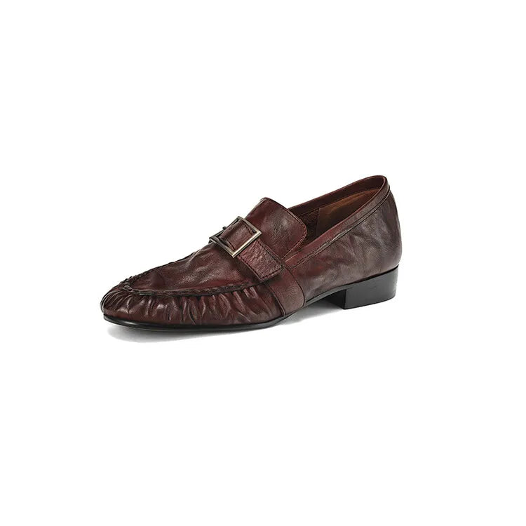 New Autumn Genuine Leather Women Pumps Fashion Pleated Round Toe Shoes for Women Thick Heel Women Loafers Zapatos Mujer Low Heel