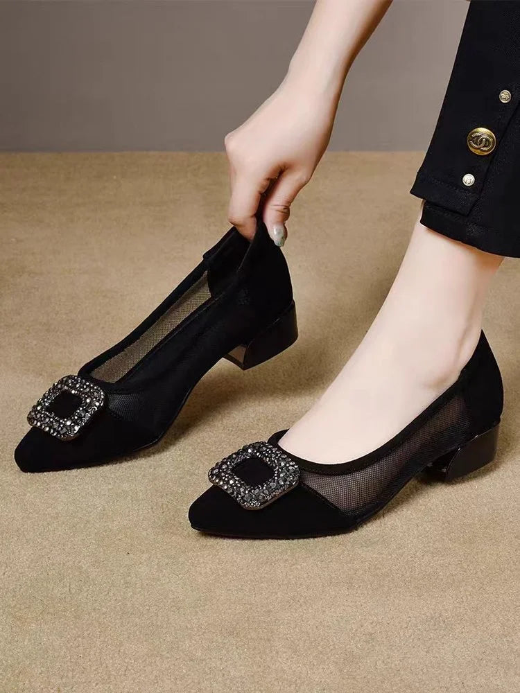 Elegant Pointed Toe Mesh Block Heel Pumps, Rhinestone Square Buckle Decorated Shallow Shoes,  Breathable Office Shoes for Women