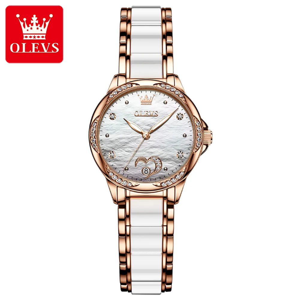 OLEVS Elegant Fashion Women's Watches Ceramic Strap Original Brand Automatic Mechanical Wristwatch for Lady Waterproof Date Love
