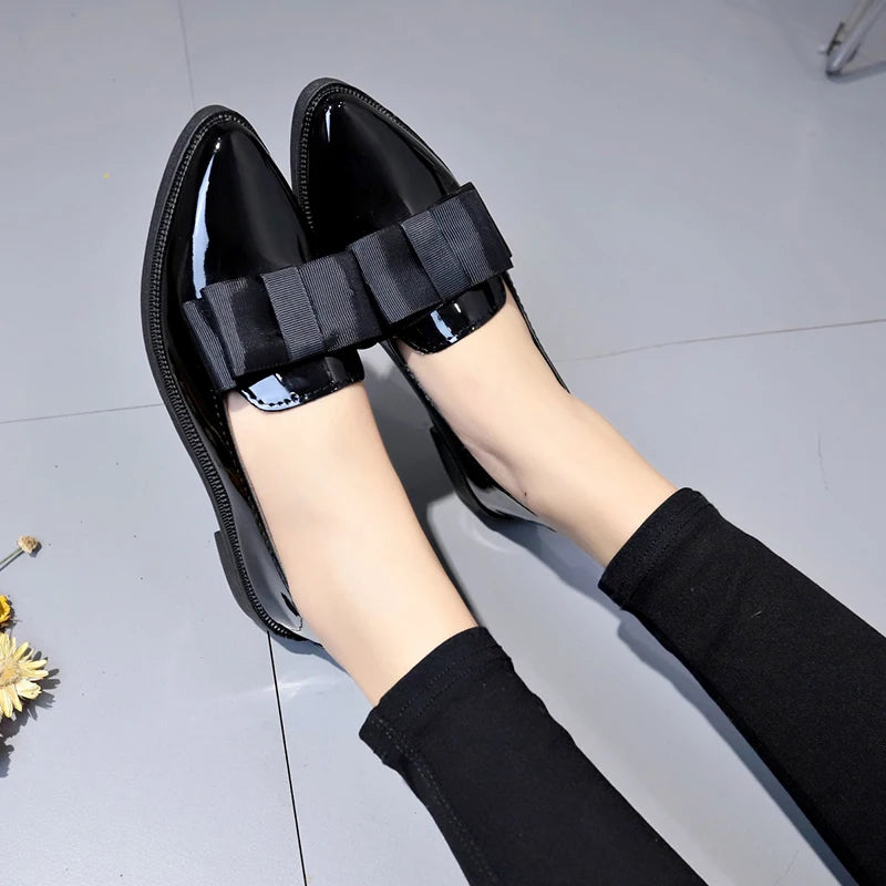 Black/ Wine Red Patent Leather Pointed Toe Flats, Bow Knot Slip-On Loafers, Versatile Dress Shoes for Daily & Business Wea